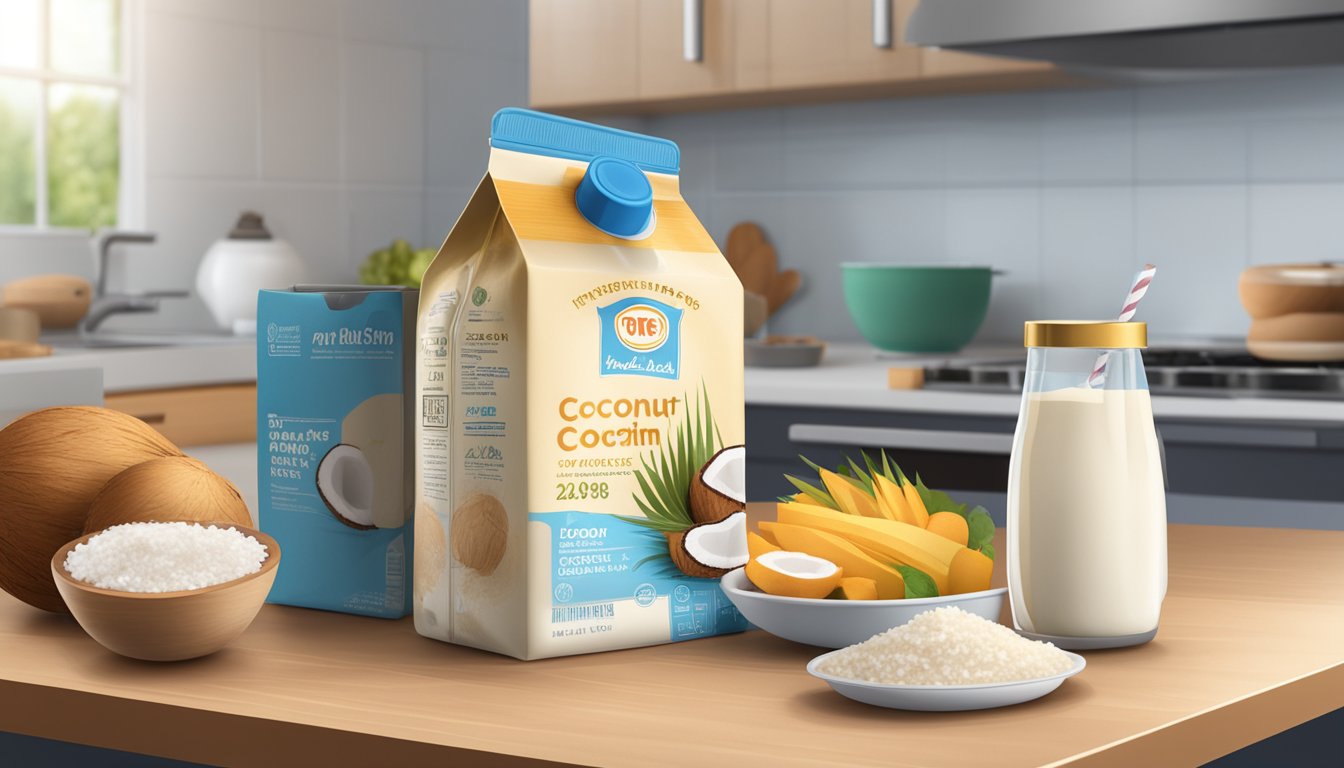 A coconut milk carton sits open on a kitchen counter, surrounded by various food items. The expiration date is visible, indicating potential safety concerns