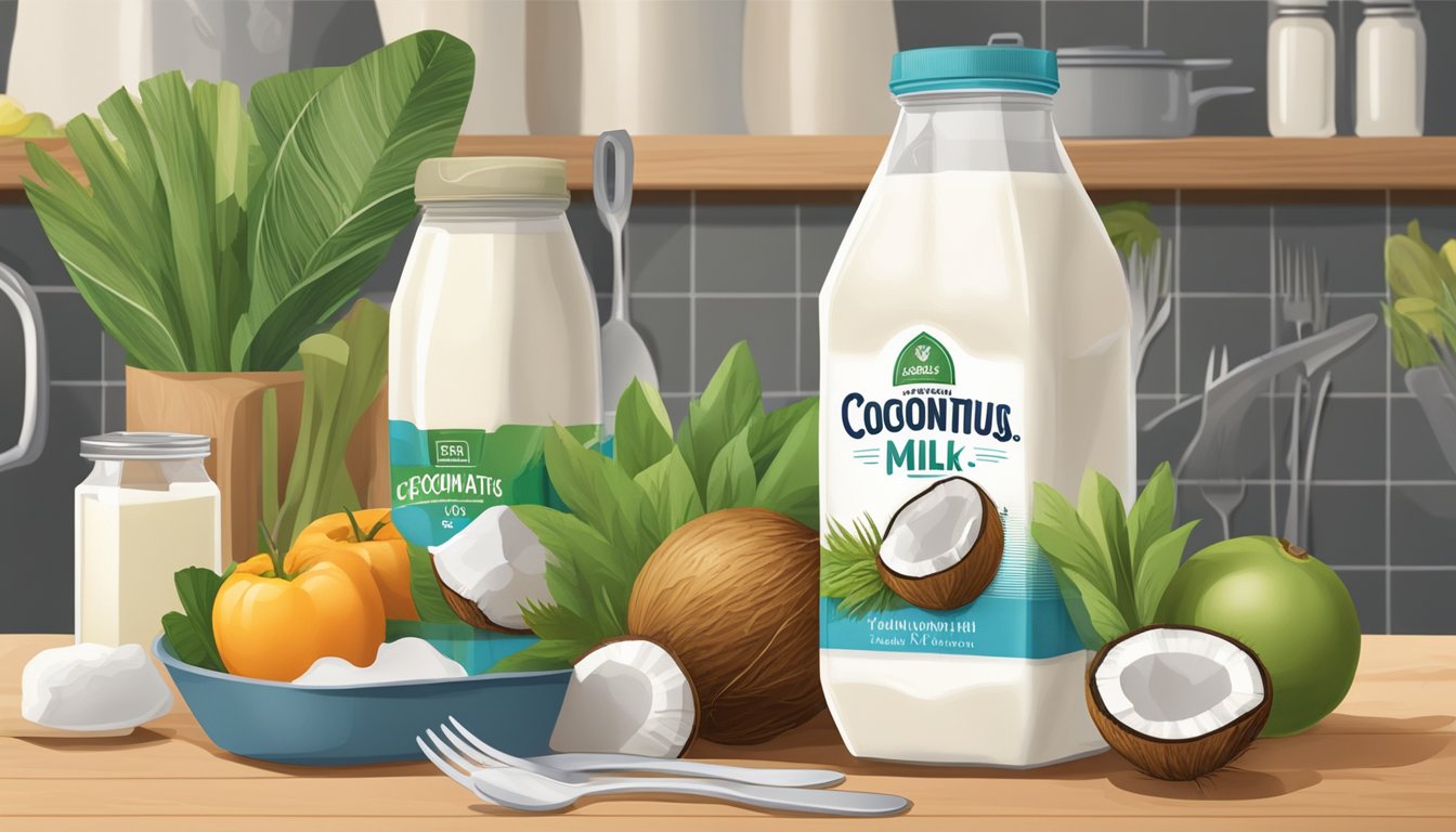 A coconut milk carton sits unopened on a kitchen shelf, surrounded by fresh produce and cooking utensils