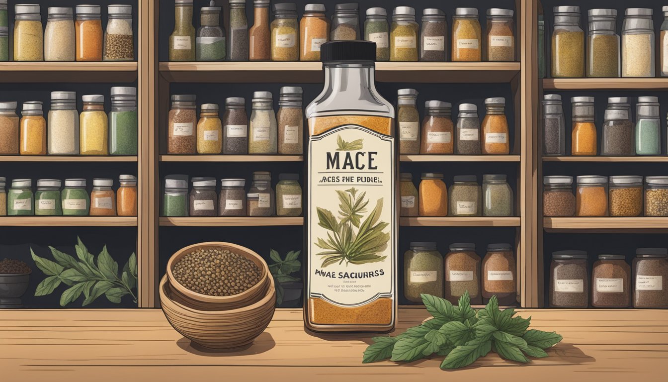 A bottle of mace sits on a shelf, surrounded by other spices and seasonings. The label is faded, suggesting it has been there for a long time