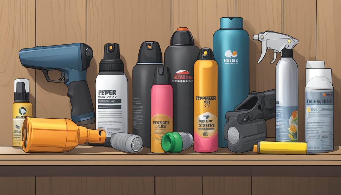 A canister of pepper spray and mace sits on a shelf, surrounded by other self-defense products