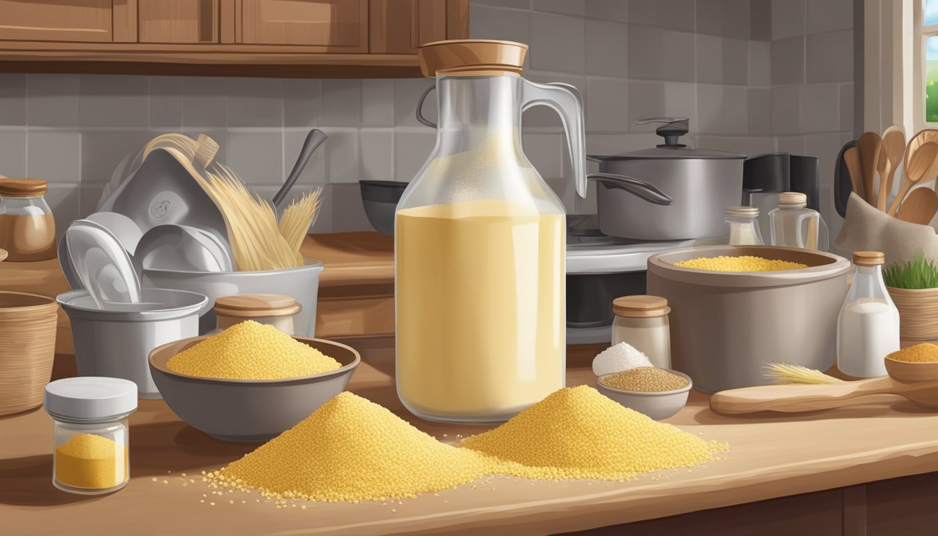 A bag of corn flour sits open on a kitchen counter, surrounded by various baking ingredients and utensils. The flour appears to be in good condition, with no signs of spoilage