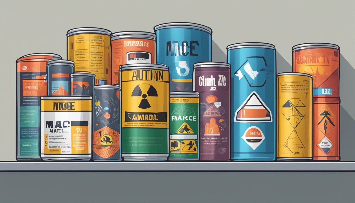 A can of mace sits on a shelf, surrounded by warning signs and symbols of caution