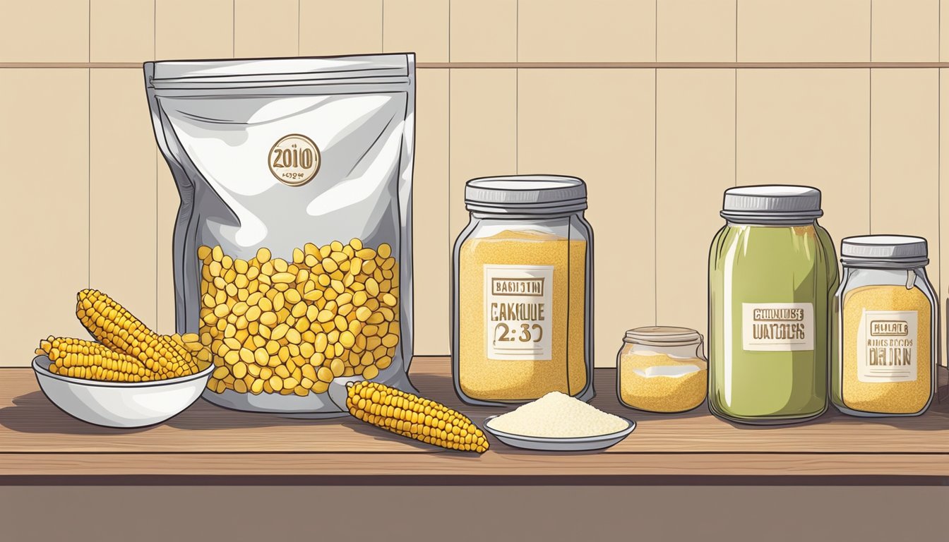 A bag of corn flour sits on a shelf next to other baking ingredients. A hand reaches for it, checking the expiration date