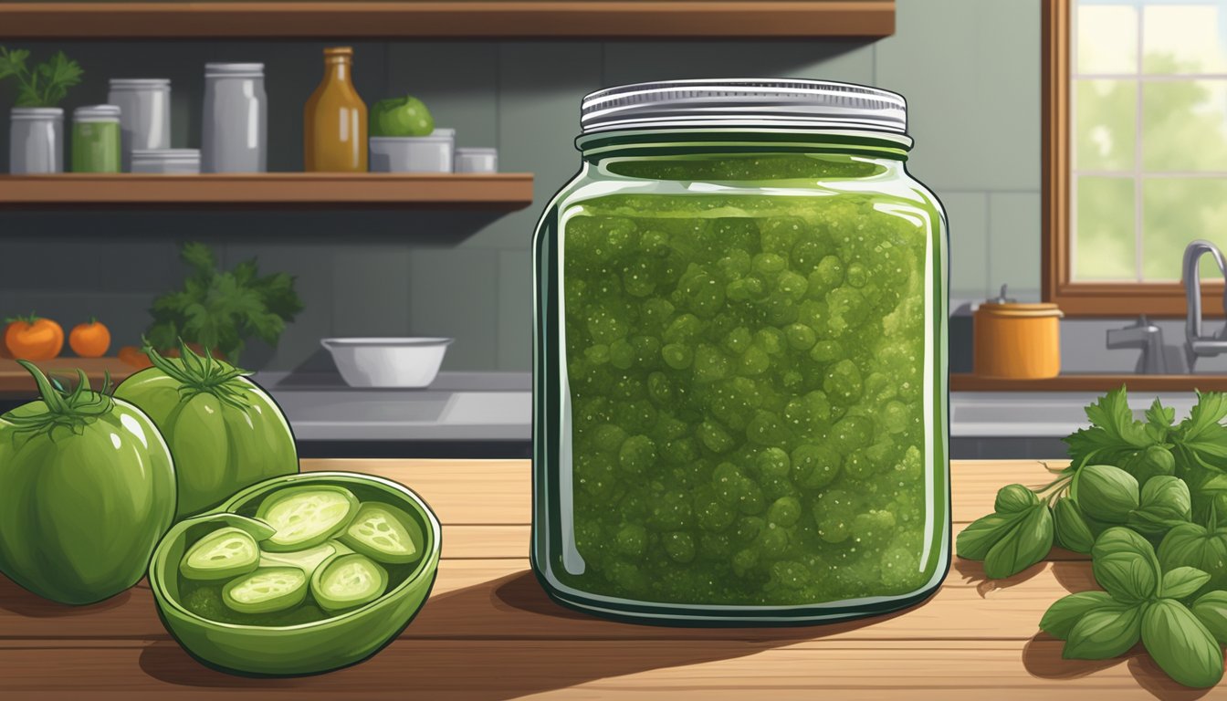 A jar of salsa verde sits on a kitchen shelf, surrounded by fresh tomatillos, jalapeños, and cilantro. The lid is slightly ajar, hinting at its expiration