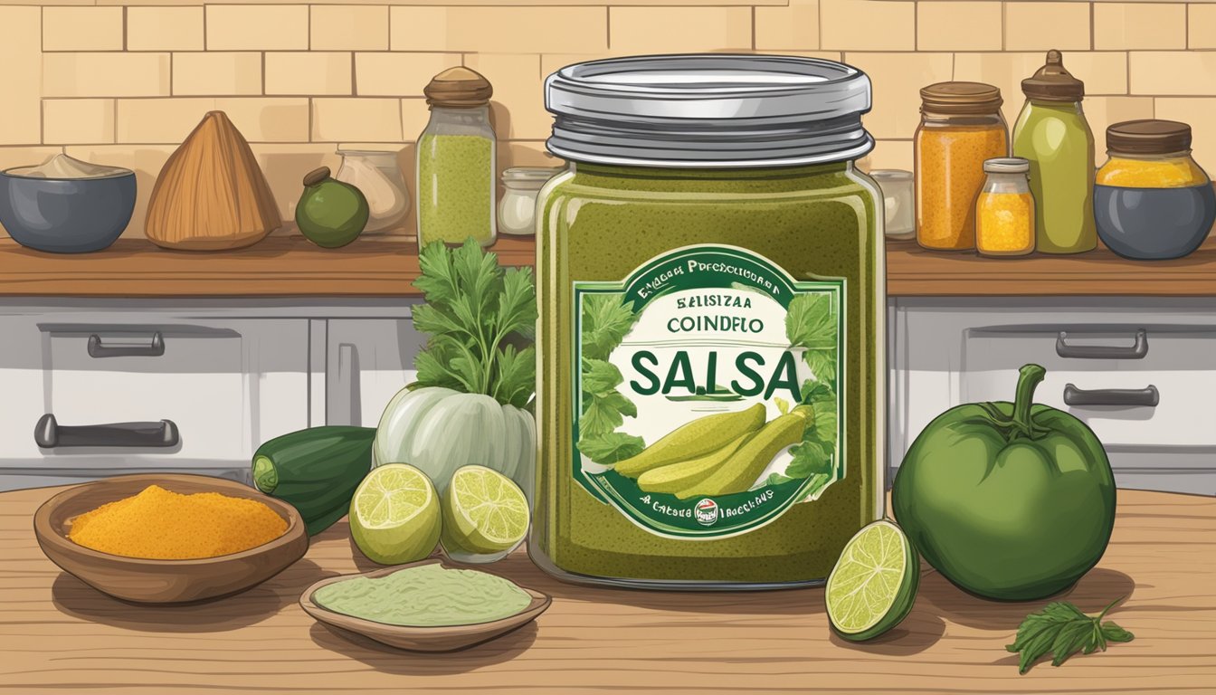 A jar of salsa verde sits on a kitchen shelf, surrounded by other condiments and spices. The label indicates the expiration date