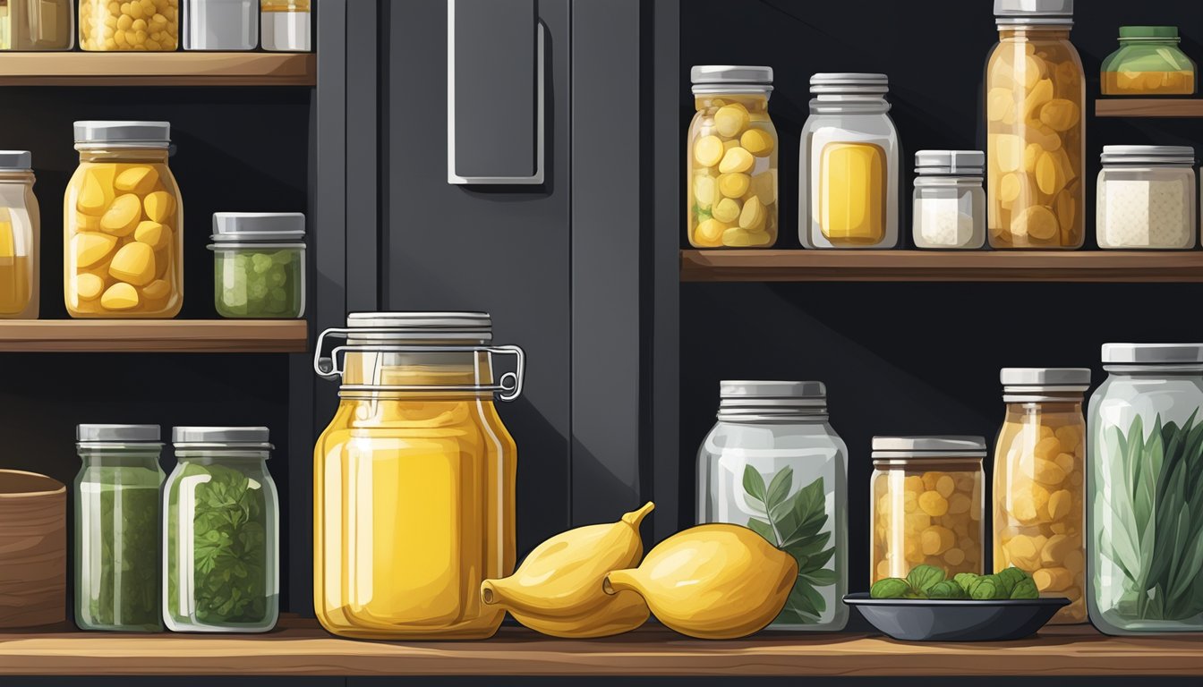 A jar of ghee sits on a shelf in a cool, dark pantry, sealed tightly with a lid. The surrounding area is clean and organized, with other food items neatly arranged nearby