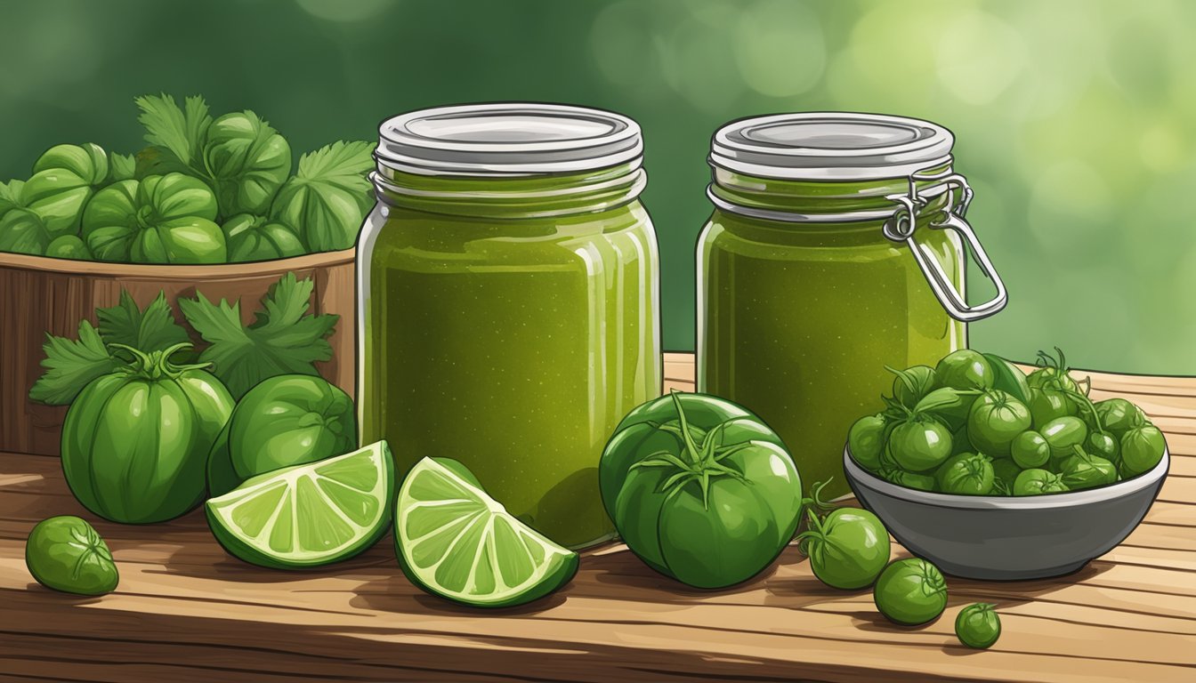 A jar of homemade salsa verde sits on a rustic wooden table, surrounded by fresh tomatillos, jalapeños, and cilantro. A vibrant green color emanates from the salsa, evoking a sense of freshness and flavor