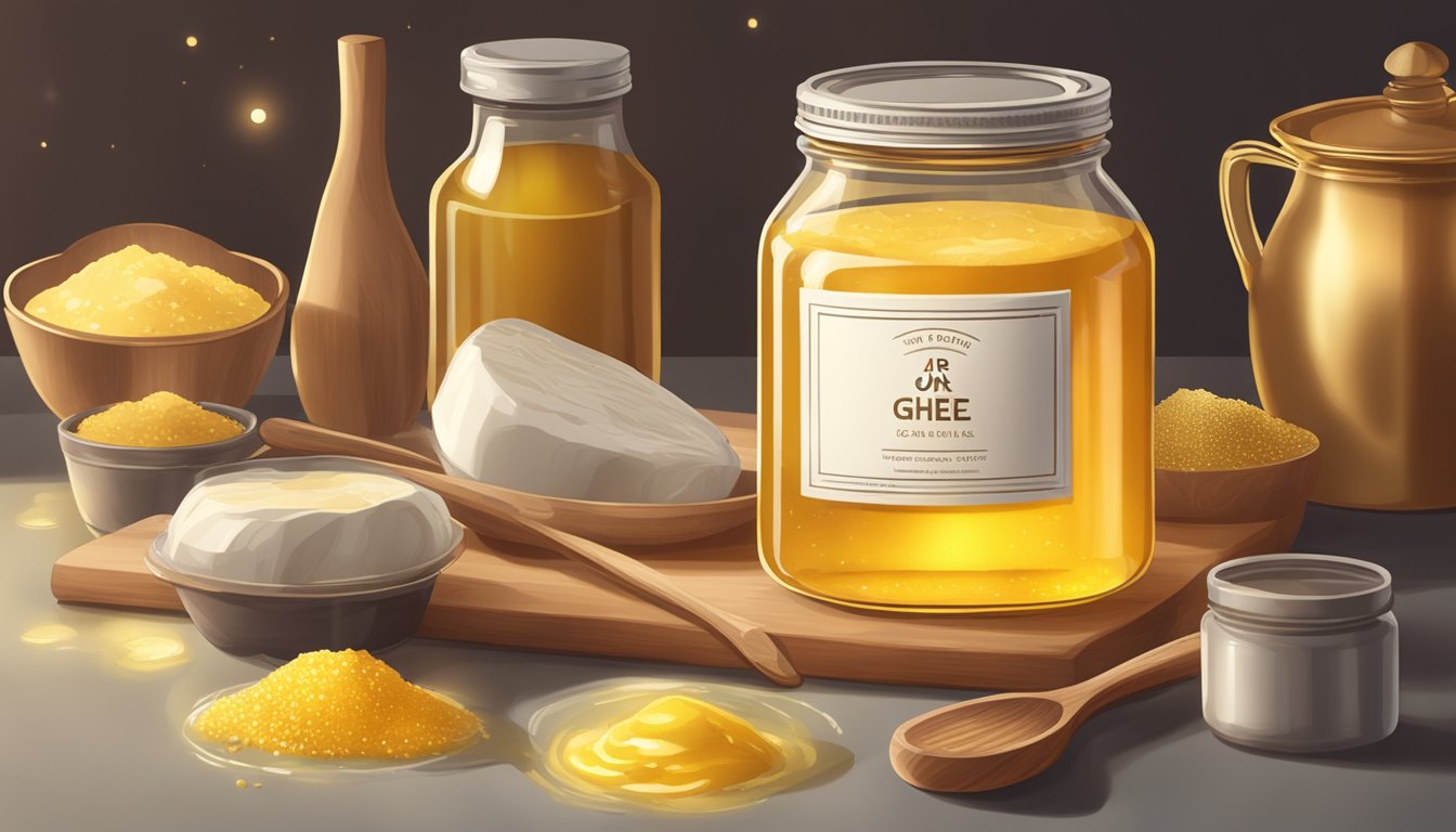 A jar of ghee sits on a kitchen counter, surrounded by various cooking utensils and ingredients. The golden liquid inside the jar glistens under the warm glow of the overhead light