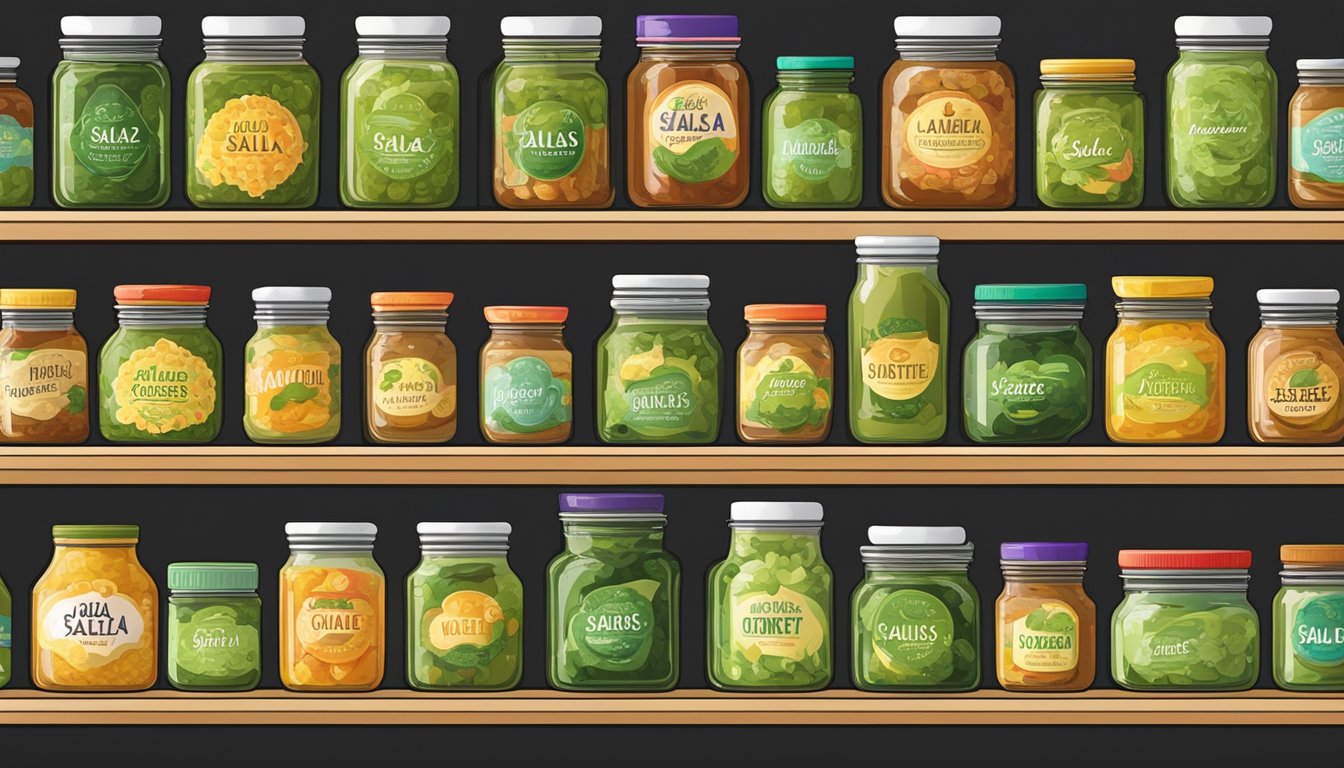 A variety of store-bought salsa verde jars lined up on a shelf, some with colorful labels and others with different shaped lids