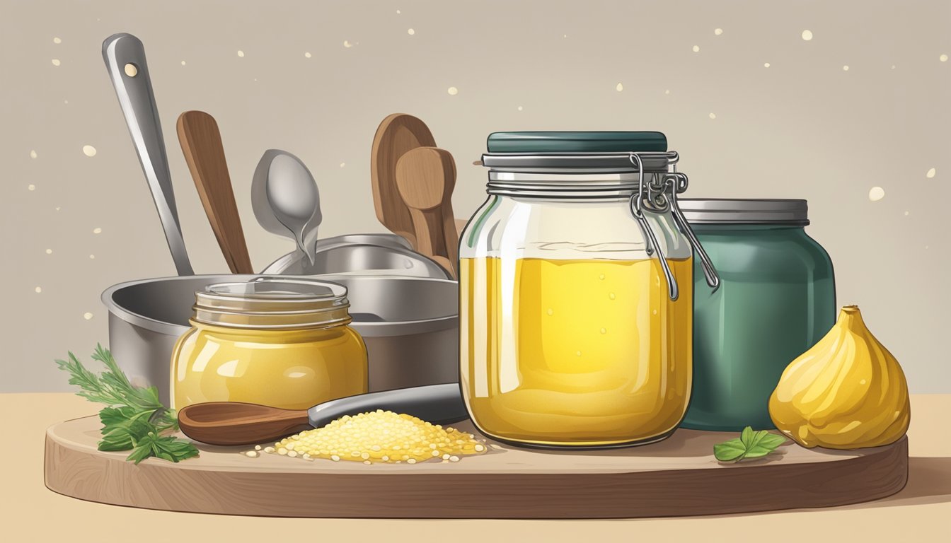 A jar of ghee sits on a kitchen counter surrounded by various cooking utensils and ingredients. The lid is slightly ajar, with a few drops of ghee spilling onto the counter