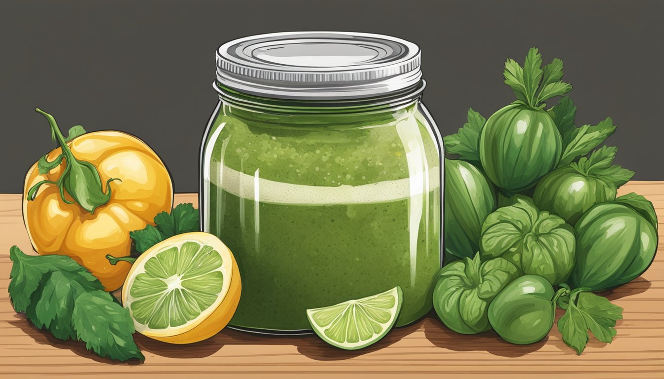 A jar of salsa verde sits on a kitchen counter, surrounded by fresh ingredients. The lid is slightly bulging, and the liquid inside appears discolored