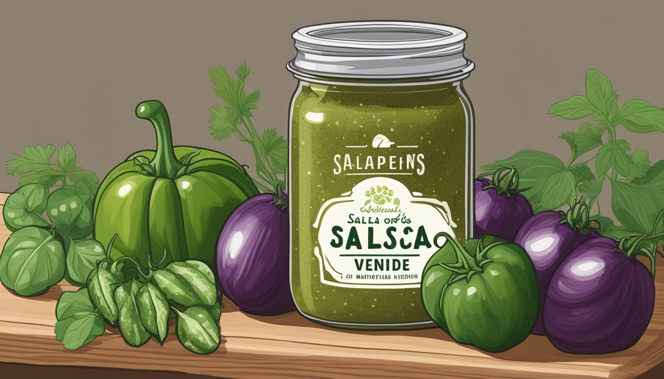 A jar of salsa verde sits on a shelf, surrounded by fresh tomatillos, cilantro, and jalapeños. The label indicates the product's longevity tips