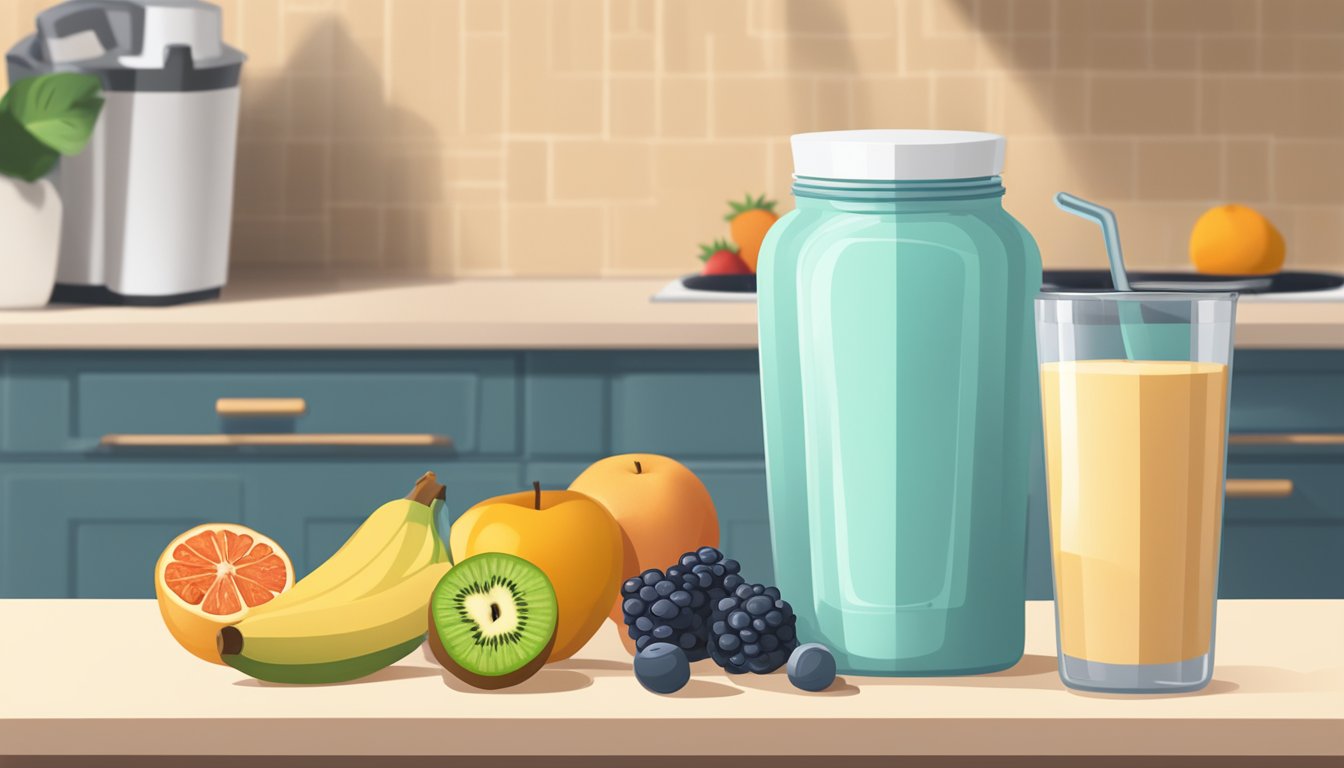 A jar of protein powder with a scoop next to it, surrounded by various fruits and a blender on a kitchen counter