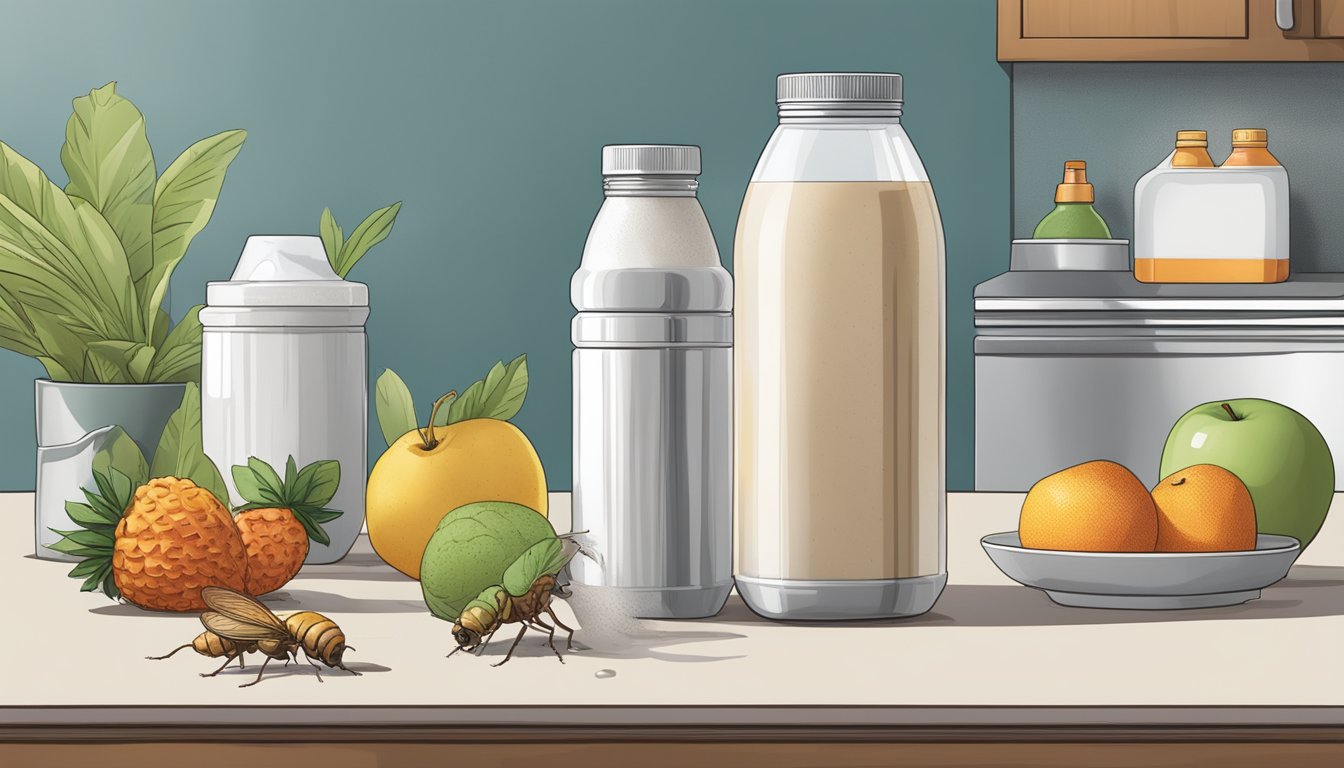 A half-empty protein shake bottle sits on a kitchen counter, surrounded by fruit flies and emitting a foul odor