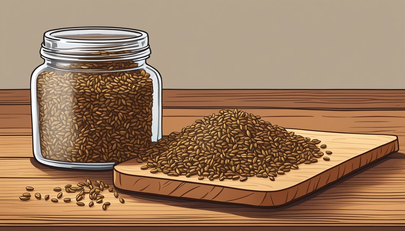 A small pile of cumin seeds spilling out of a glass jar onto a wooden cutting board