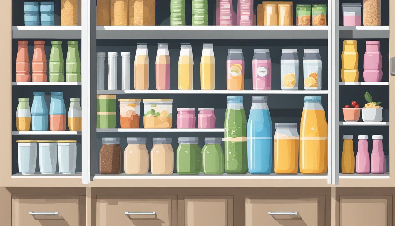 A pantry shelf with various protein shake containers, some open and some sealed, alongside a refrigerator with a few shakes stored inside