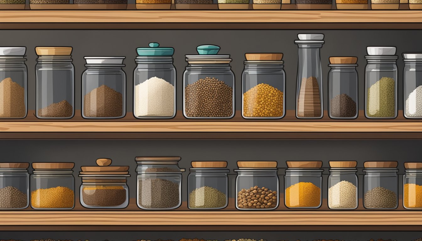 A small glass jar filled with cumin seeds sits on a wooden shelf, surrounded by other neatly organized spice containers