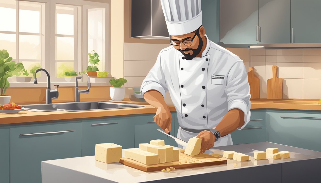 A chef slicing and marinating tofu in a modern kitchen