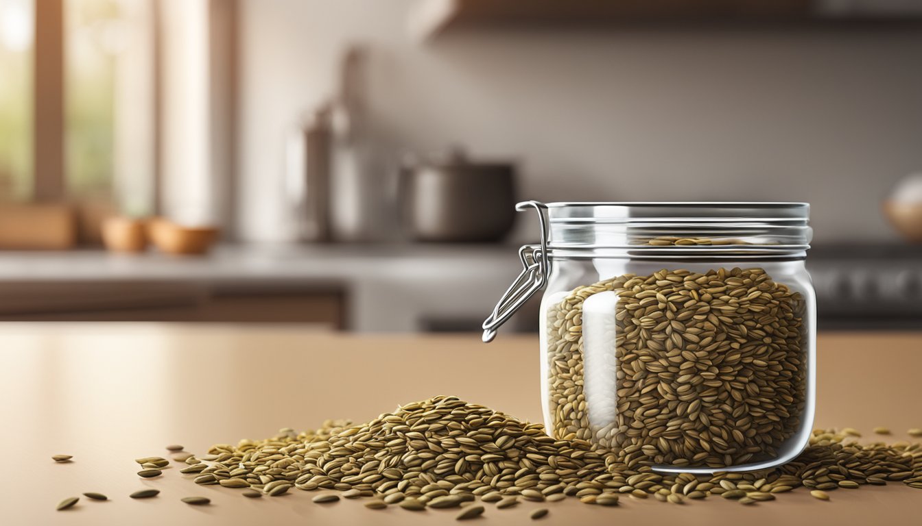 A close-up of cumin seeds in a glass jar, some with mold, next to a pile of spoiled seeds on a countertop