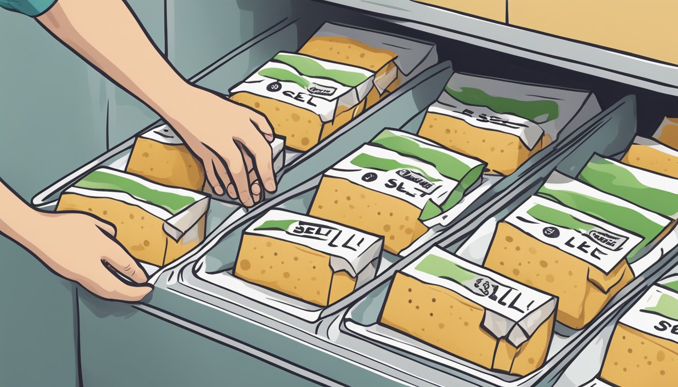 A hand reaching for a package of tofu in a grocery store refrigerator, with a "sell by" date clearly visible on the label