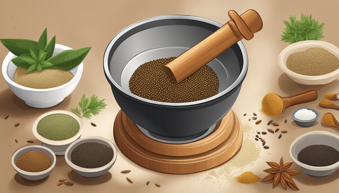 Cumin seeds being ground in a mortar and pestle, then sprinkled into a sizzling pan