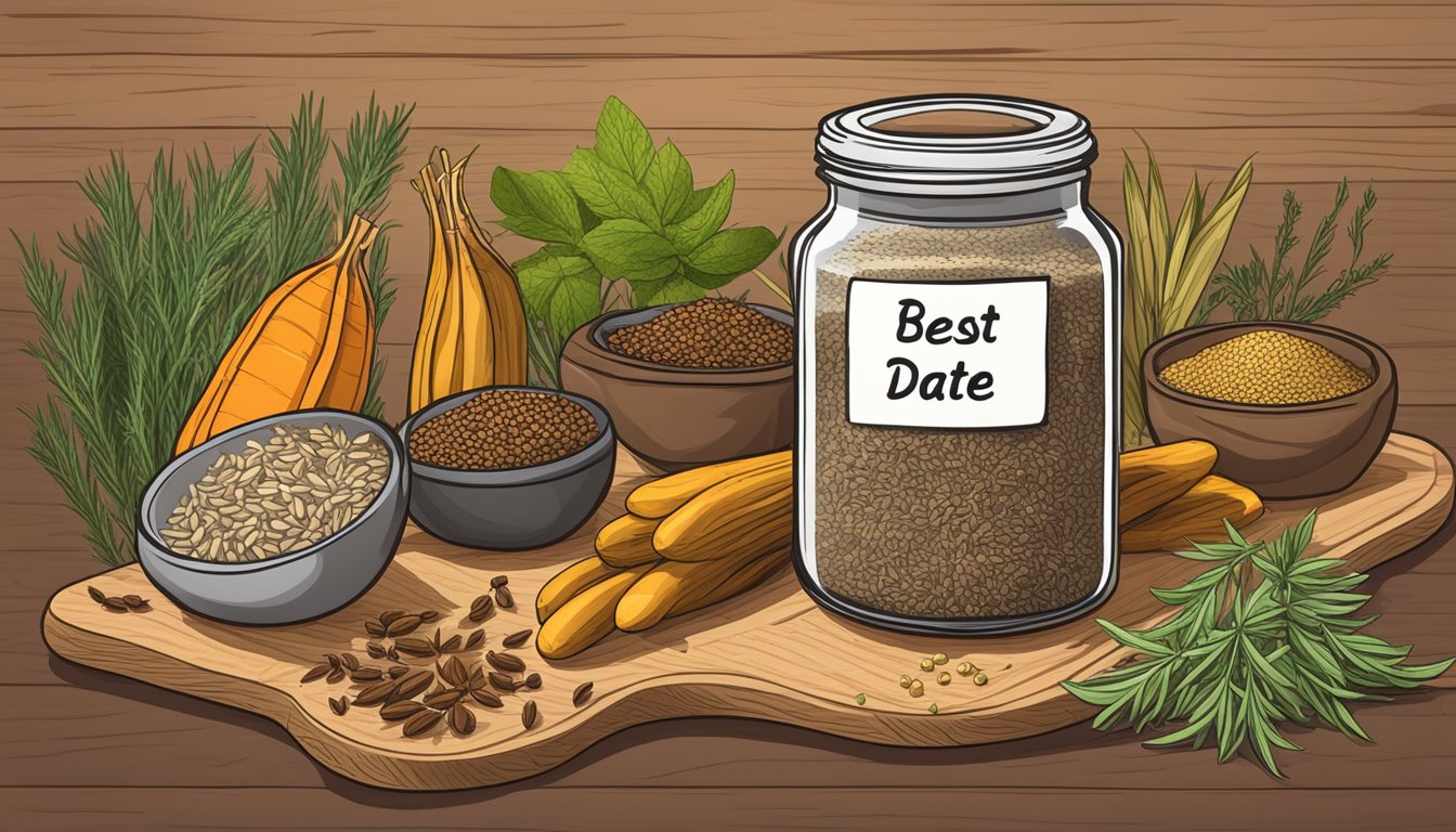 A jar of cumin seeds with a "best by" date crossed out, surrounded by various alternative spices and herbs on a wooden cutting board