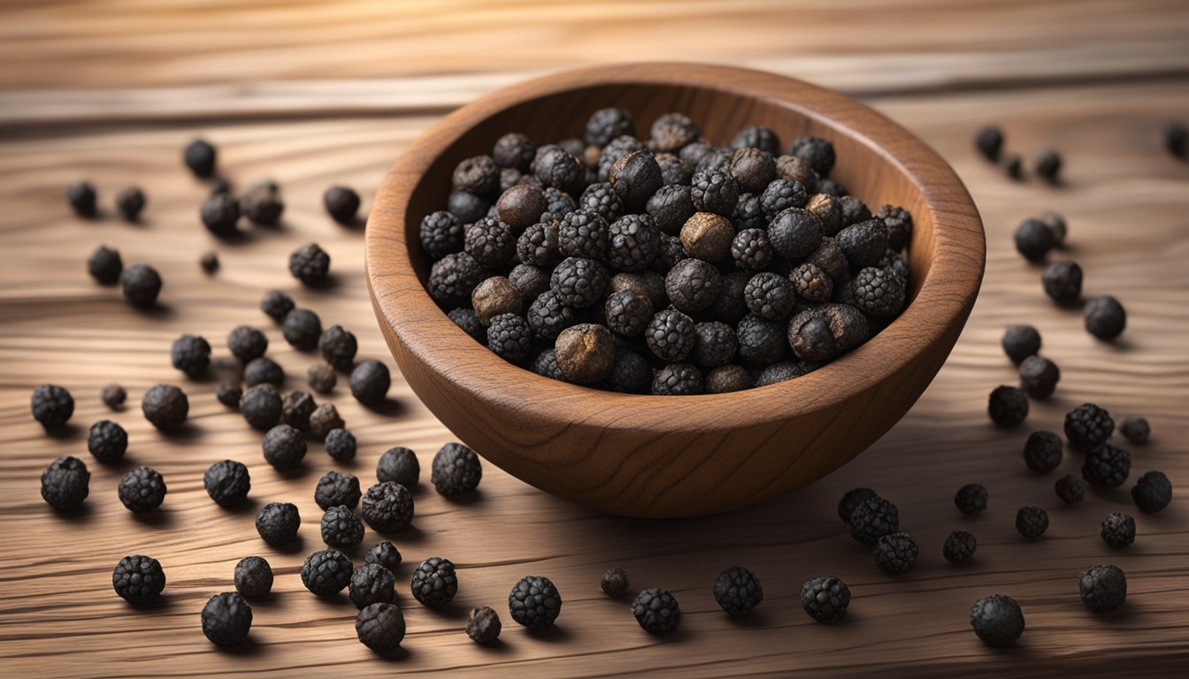 A pile of black peppercorns sits in a rustic wooden bowl, some spilling onto a weathered table. The peppercorns are varied in size and color, with some cracked open to reveal their pungent aroma