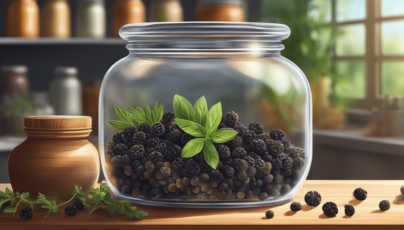 A glass jar filled with black peppercorns sits on a wooden shelf, surrounded by other spices and herbs. Sunlight filters through a nearby window, casting a warm glow on the jar