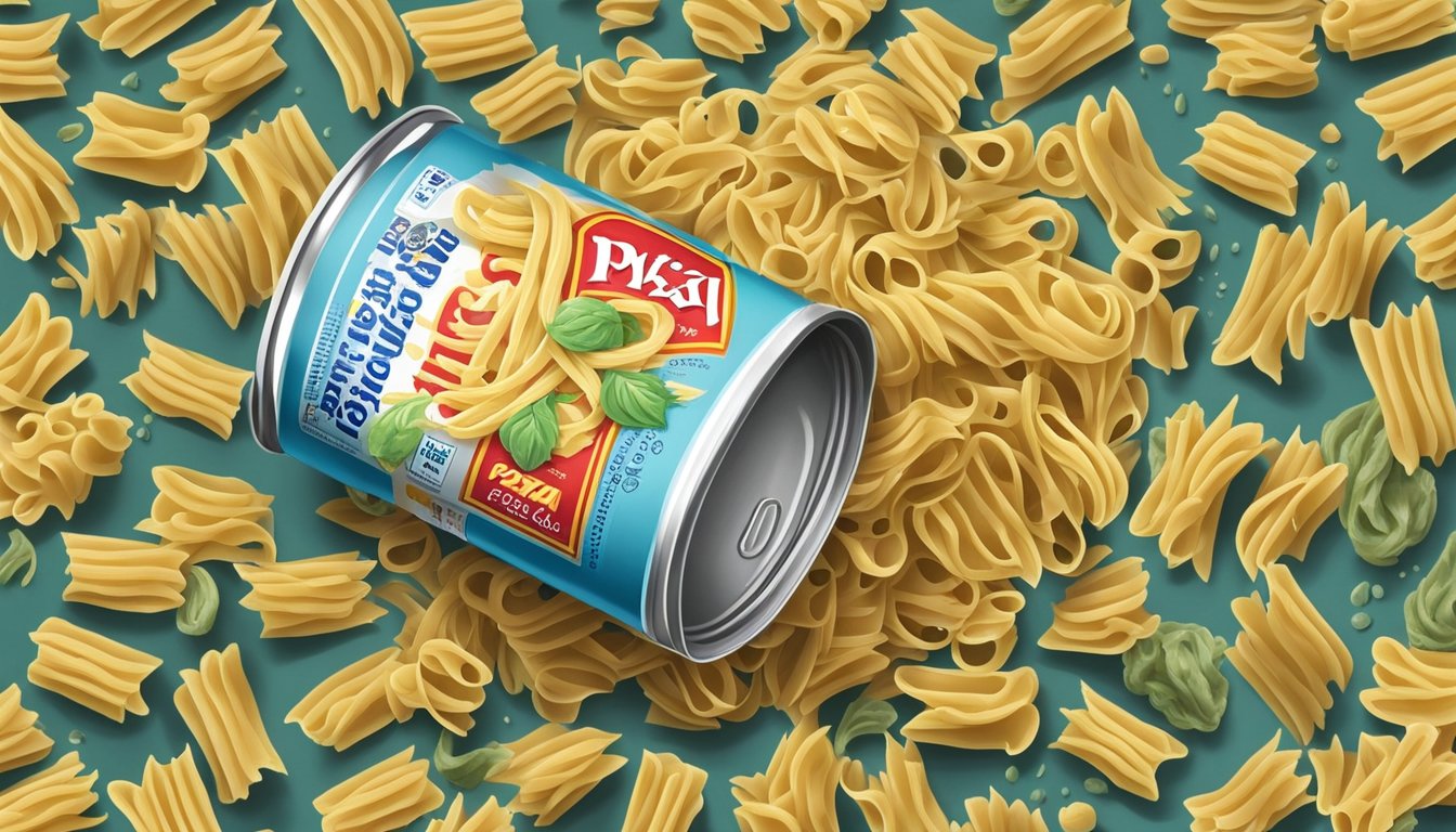 A bulging and dented can of pasta with a foul odor, surrounded by mold and discolored pasta spilling out