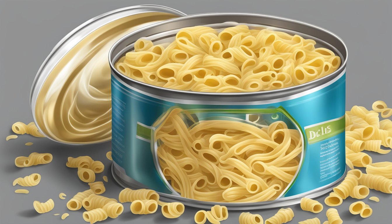 An open can of expired pasta with visible signs of mold and spoilage