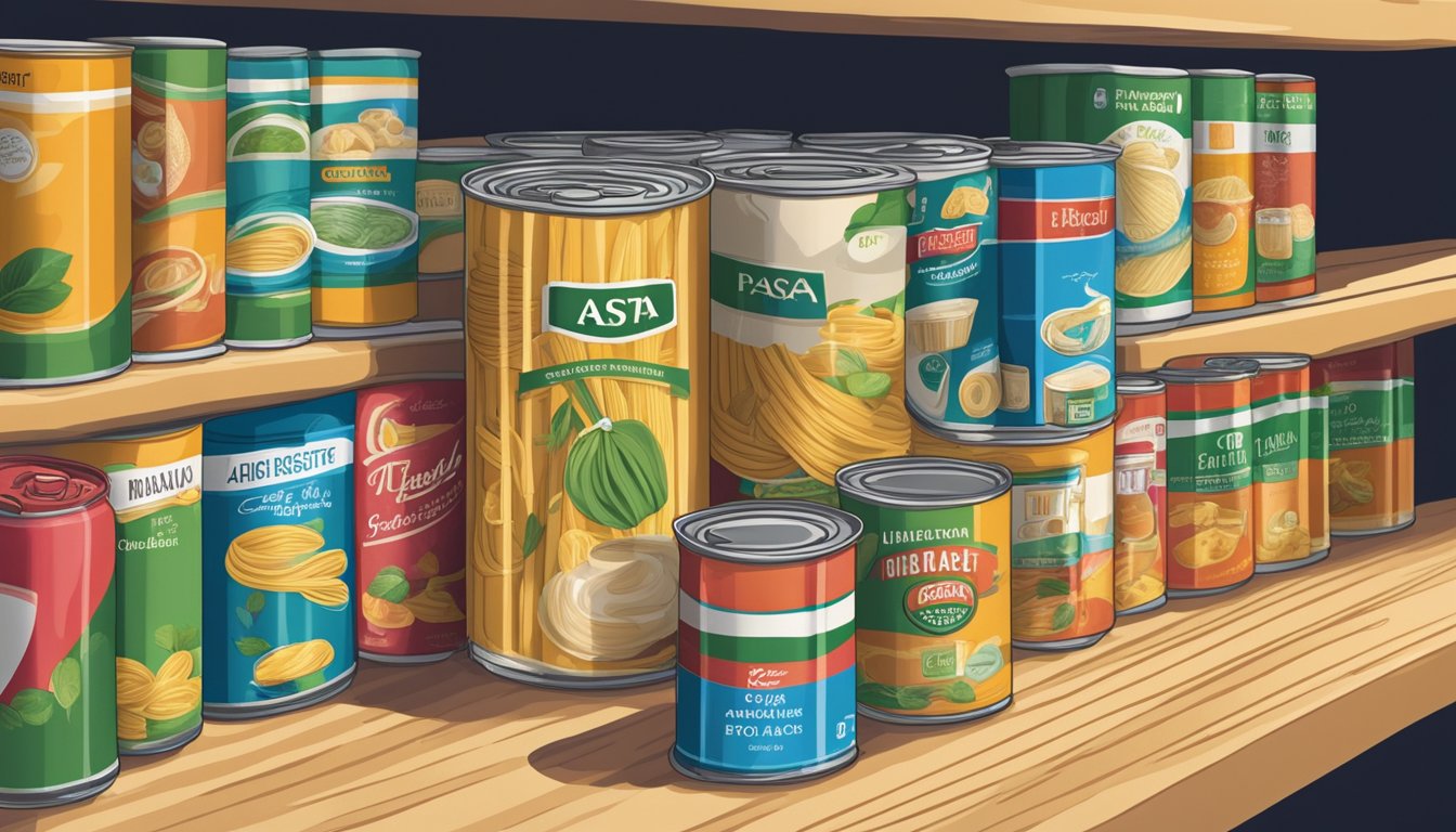 A can of pasta sits on a shelf, surrounded by other canned goods. The expiration date is clearly visible on the label