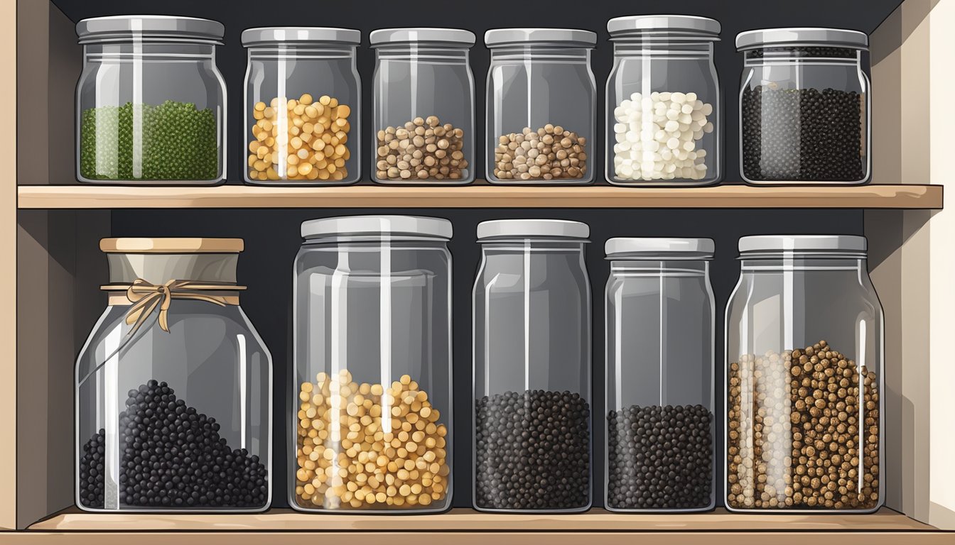 A clear glass jar filled with black peppercorns sits on a clean, organized shelf in a well-lit pantry