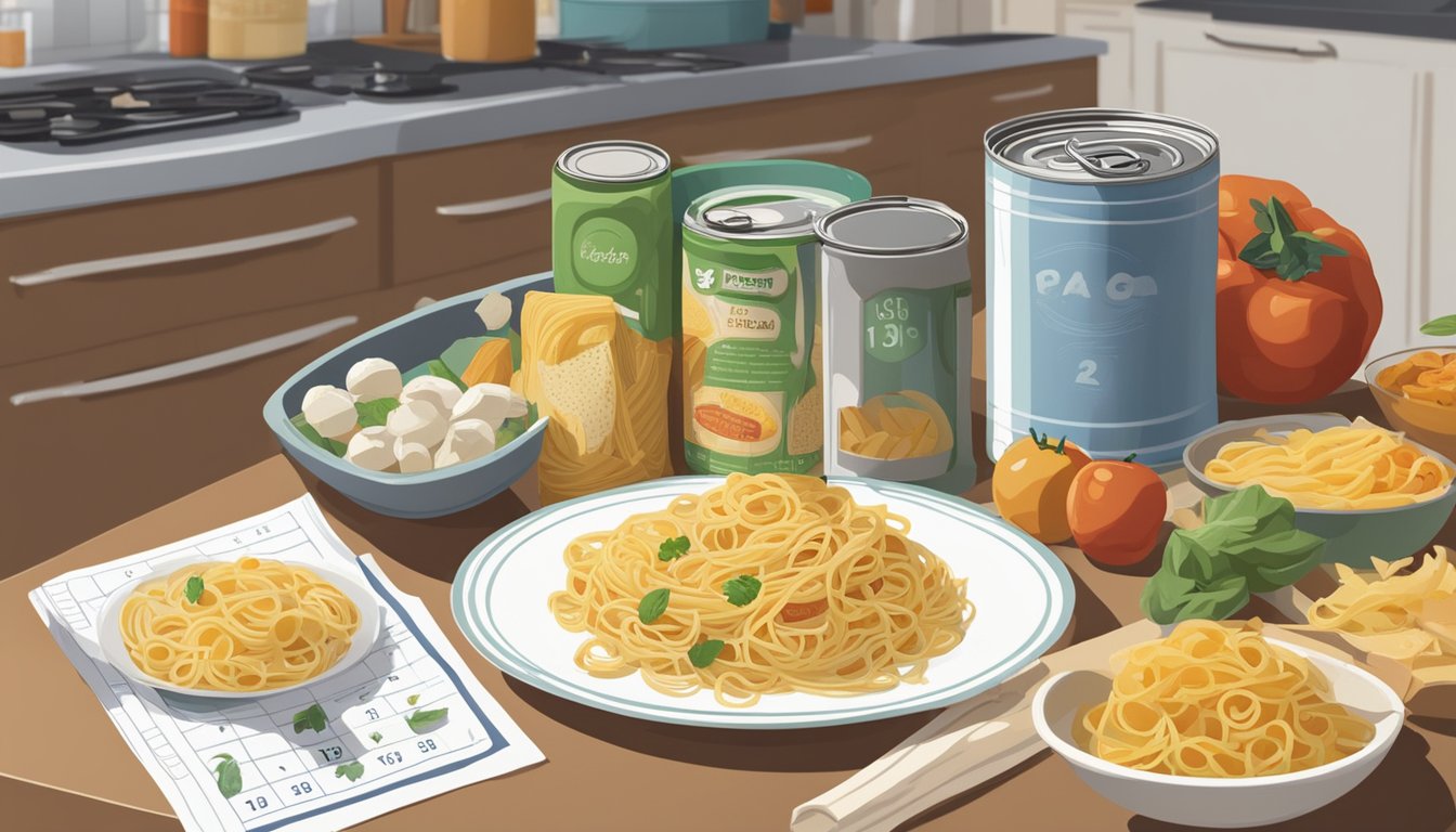 An open can of pasta sits on a kitchen counter, surrounded by various leftover food items. A calendar on the wall shows today's date