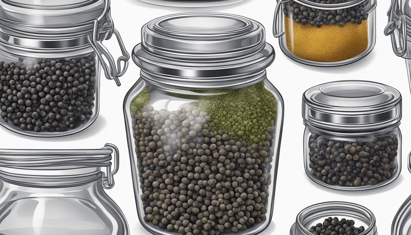 A clear glass spice jar filled with black peppercorns, displayed on a clean, white countertop