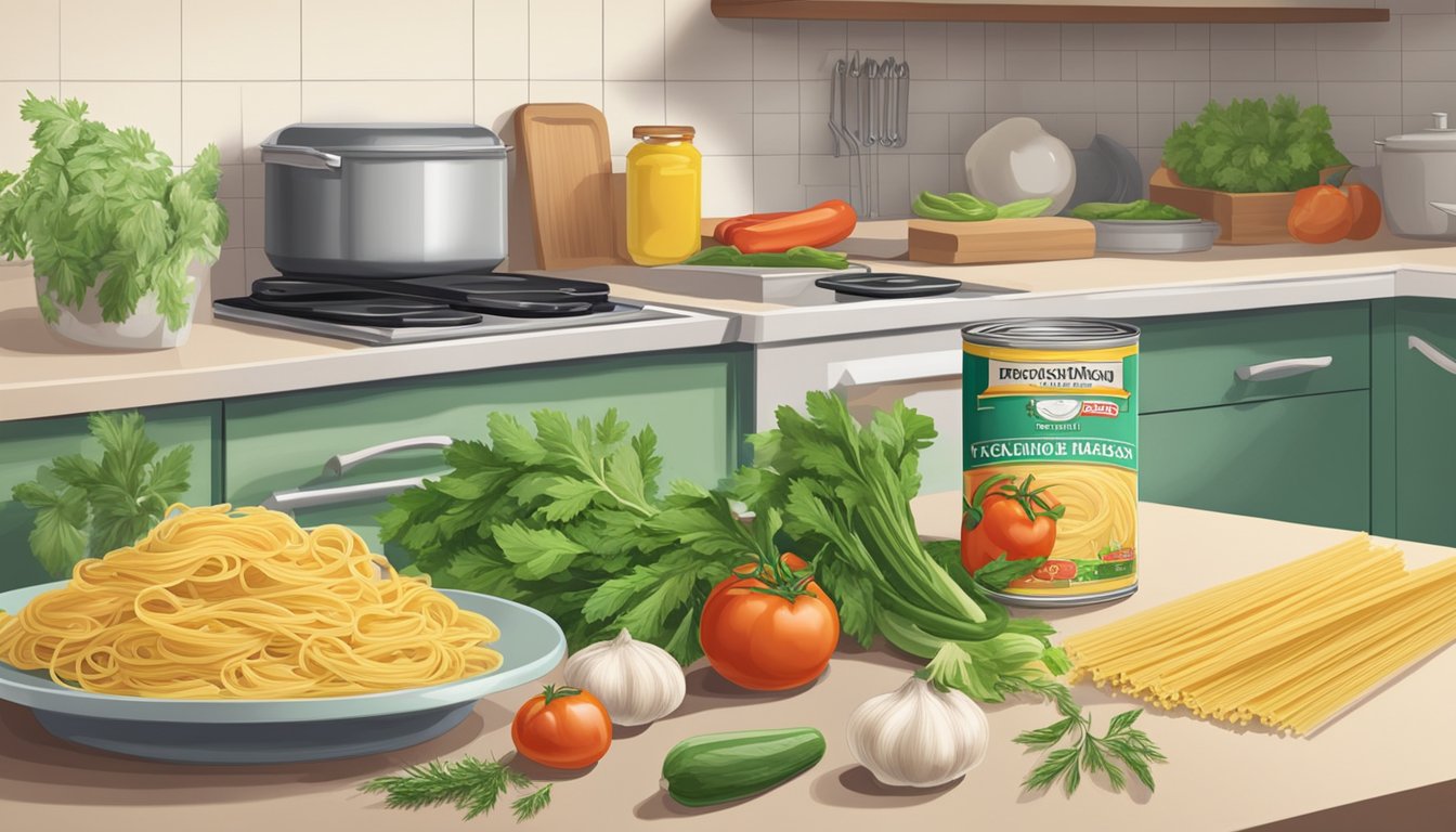 A kitchen counter with fresh vegetables, pasta, and herbs next to a stack of expired canned pasta