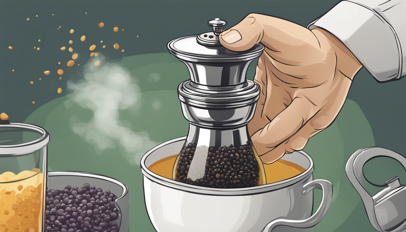 A hand holding a black pepper grinder over a steaming pot of soup