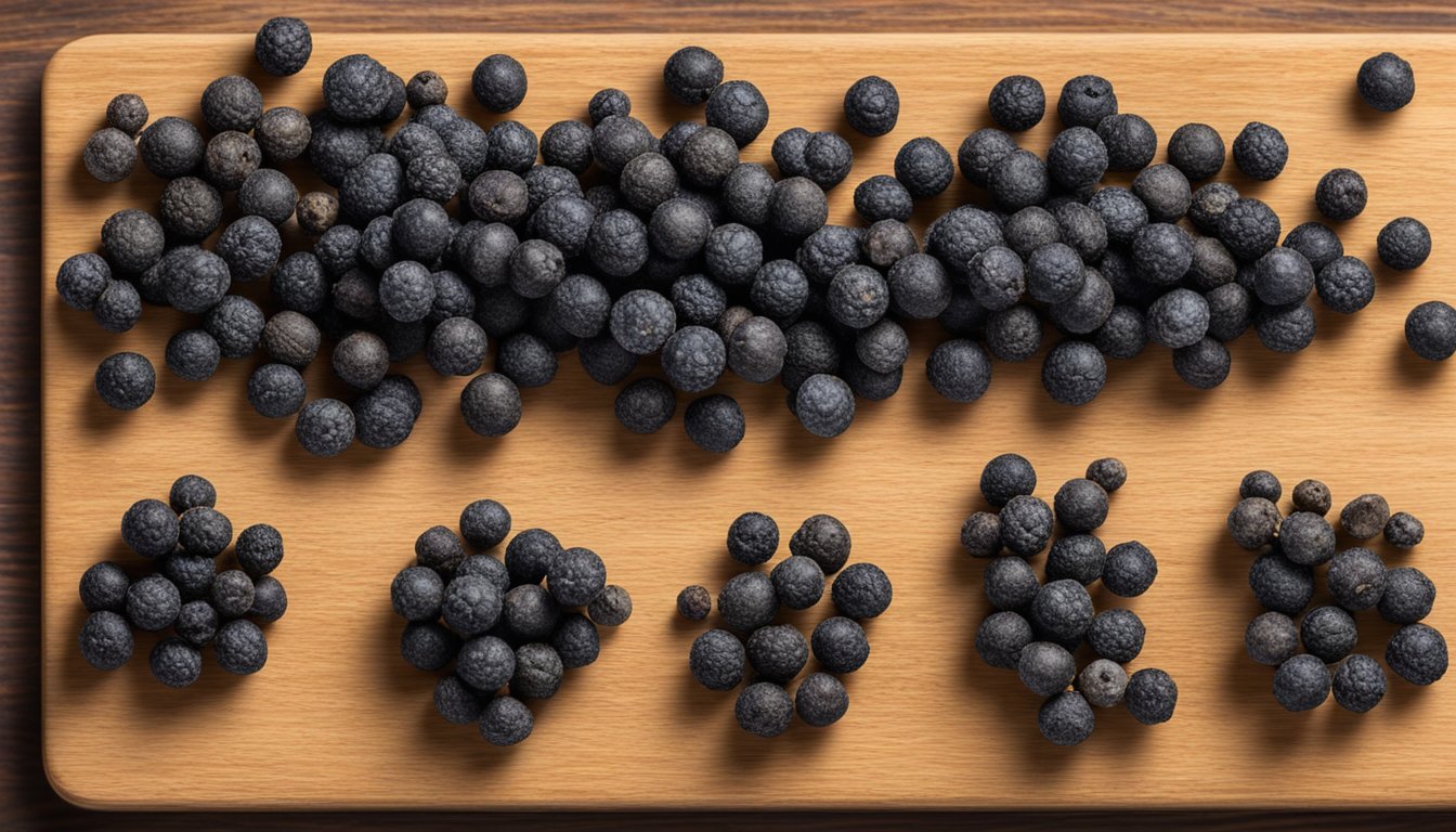 Black peppercorns in various stages of decay, from fresh to moldy, arranged in a row on a wooden cutting board