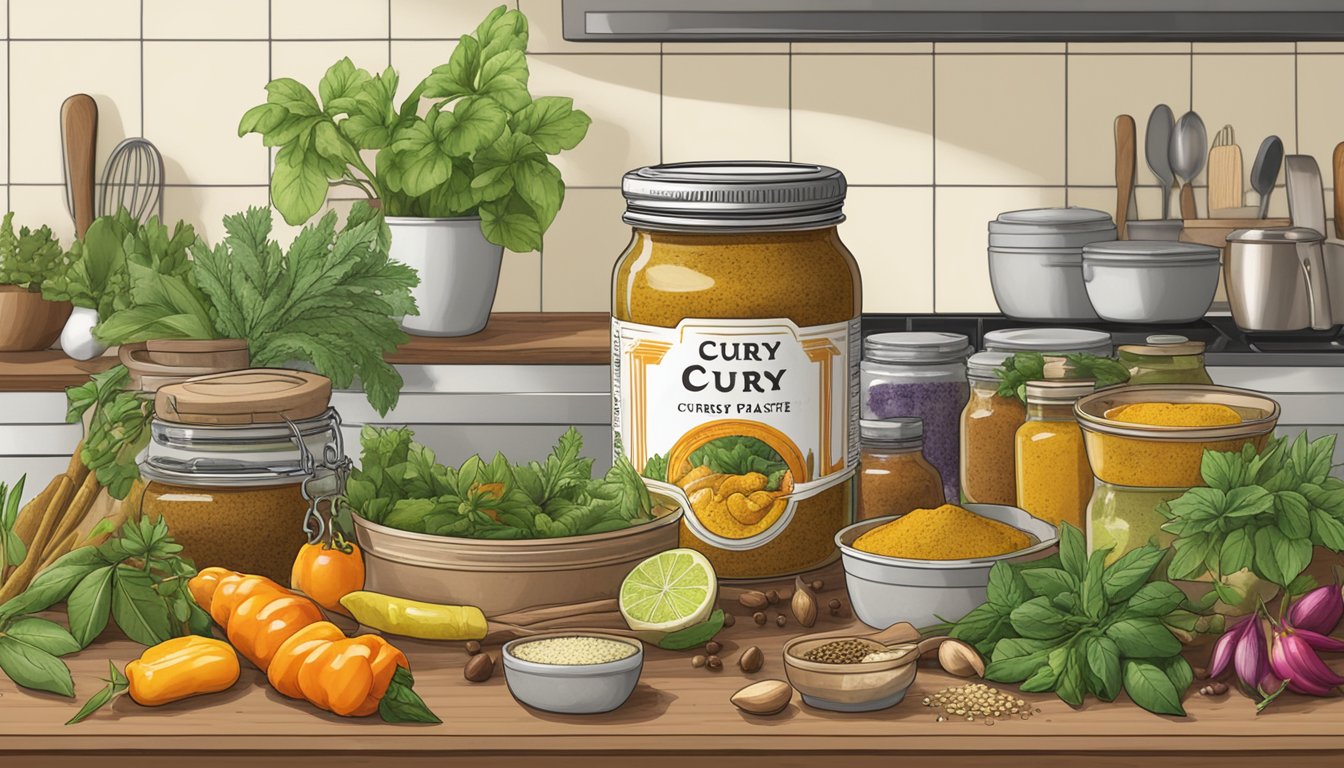 A jar of curry paste sits on a kitchen counter, surrounded by various spices and herbs. The label is worn, hinting at frequent use