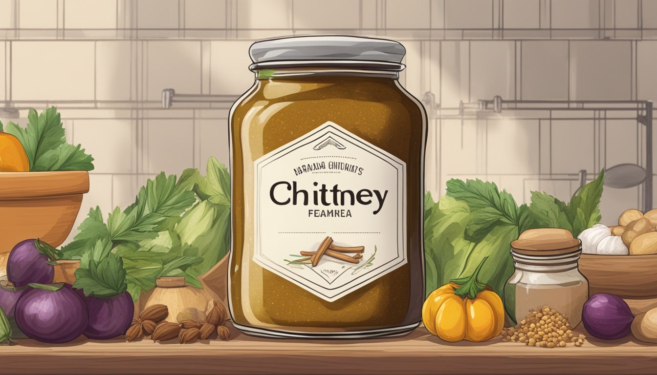 A jar of chutney sits on a kitchen shelf, surrounded by spices and condiments. The label is slightly faded, hinting at its age