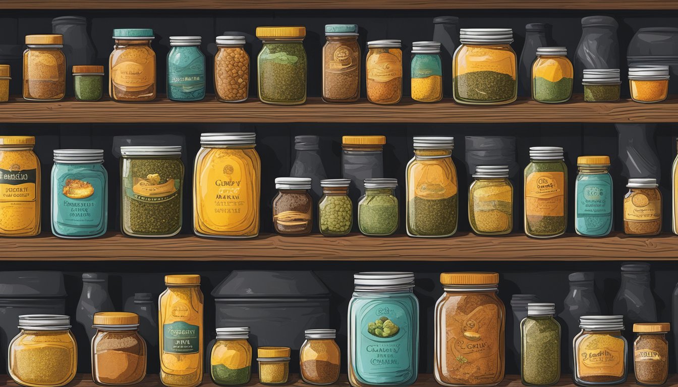 A jar of curry paste is tightly sealed and stored in a cool, dark pantry alongside other dried spices and condiments