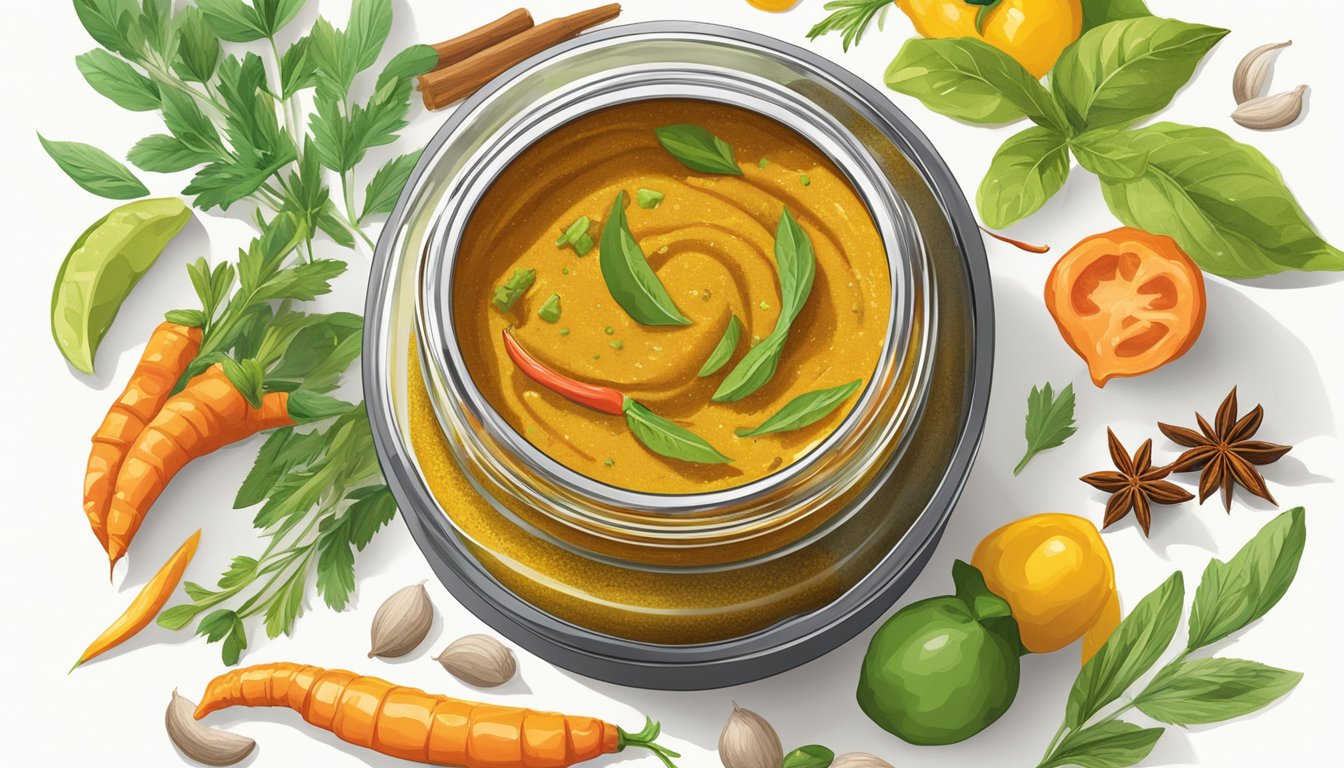 A jar of curry paste sits on a clean, white countertop, surrounded by vibrant, fresh herbs and spices. The lid is open, revealing the rich, aromatic paste inside