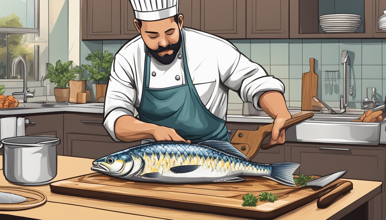 A kitchen scene with a cutting board, knife, fresh fish, and a chef's apron. The chef is washing the fish and preparing it for cooking