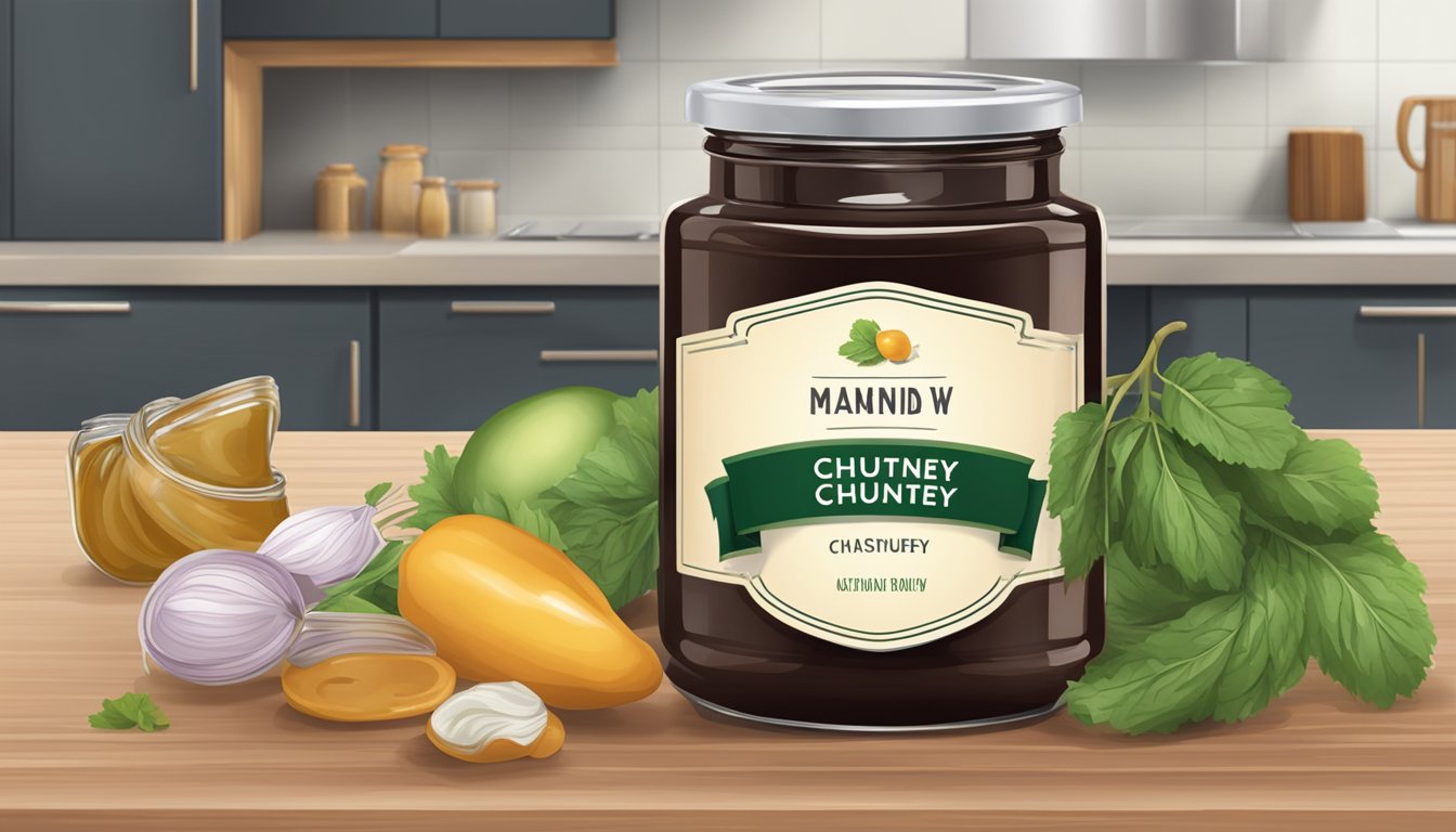 A jar of chutney on a kitchen counter, unopened with a clean label