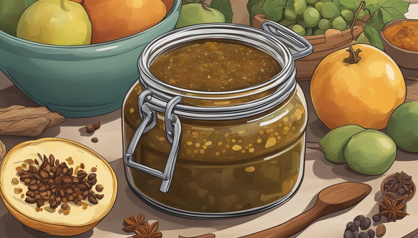 A jar of chutney sits open on a kitchen counter, surrounded by various fruits and spices. A small section of the chutney appears to have turned moldy