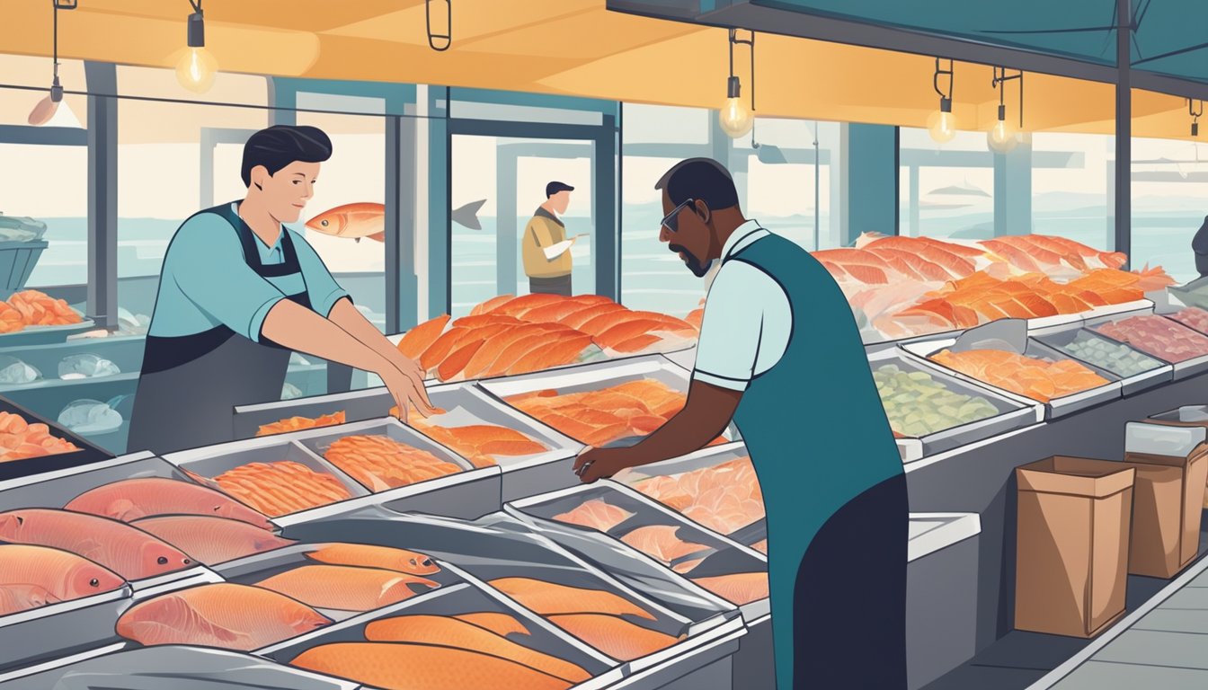 A person selecting fresh fish from a display at a seafood market, with a knowledgeable fishmonger offering advice on purchasing and consuming fish