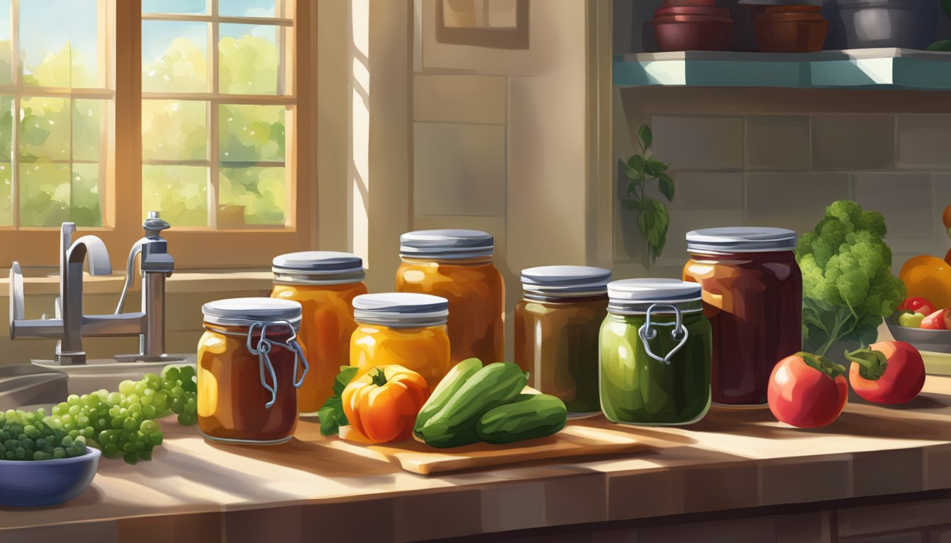 A jar of chutney sits on a kitchen counter, surrounded by fresh fruits and vegetables. The sunlight streams in through the window, illuminating the vibrant colors of the ingredients