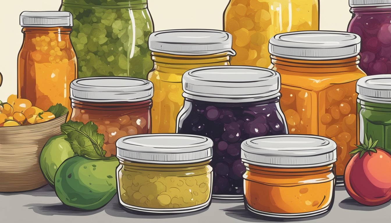 A jar of chutney sits among other condiments, some with mold and others with vibrant colors, suggesting varying levels of freshness