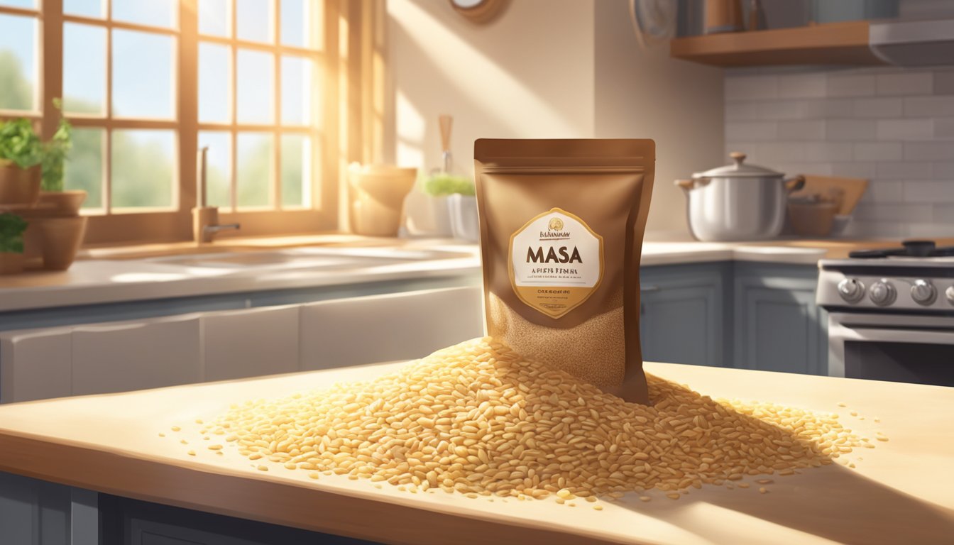 A bag of masa harina sits on a kitchen counter, surrounded by a few spilled grains. The sunlight streams in through a nearby window, casting a warm glow on the scene