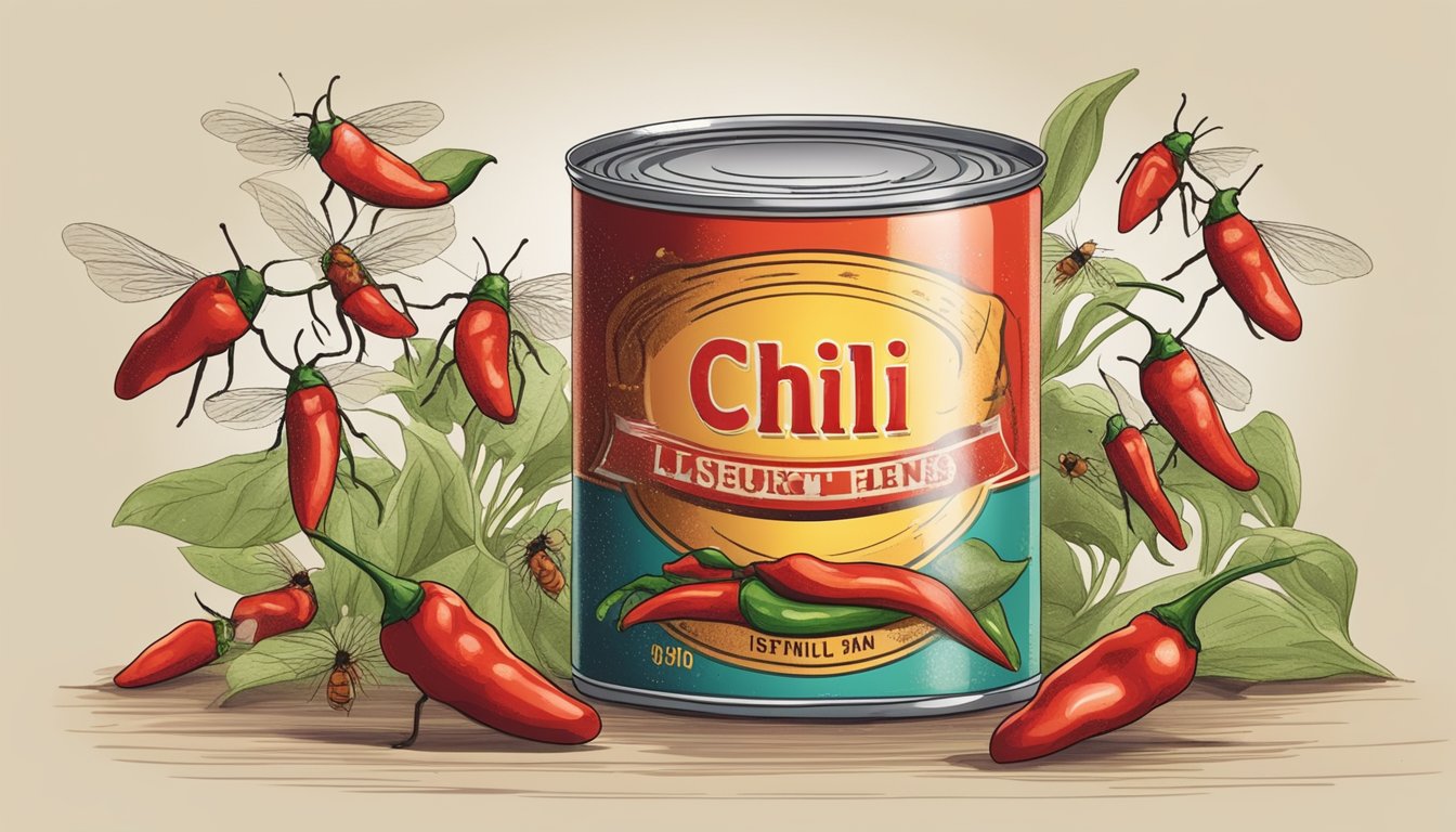 A can of chili with a bulging and dented label, surrounded by flies and emitting a foul odor