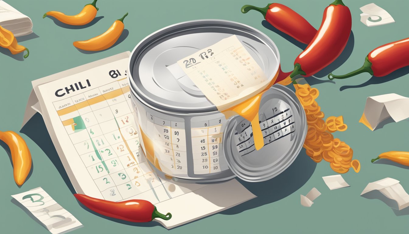 An open can of chili surrounded by a calendar, showing the current date, and a question mark hovering above it